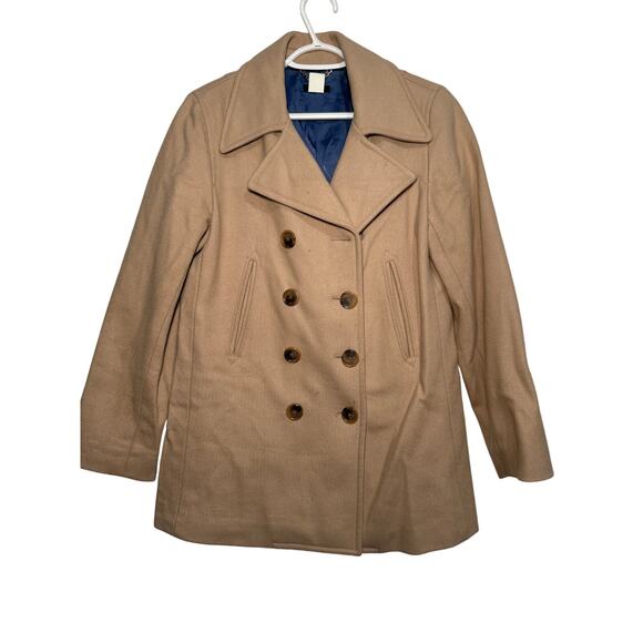 J Crew tan double breasted wool pea coat womens medium preppy classic luxury - Picture 1 of 7